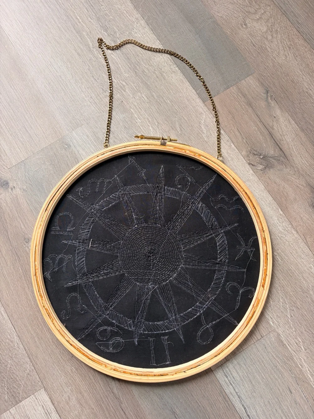 Handmade Gold Sun Zodiac Wall Hoop Embroidered Zodiac Beaded Zodiac Decor